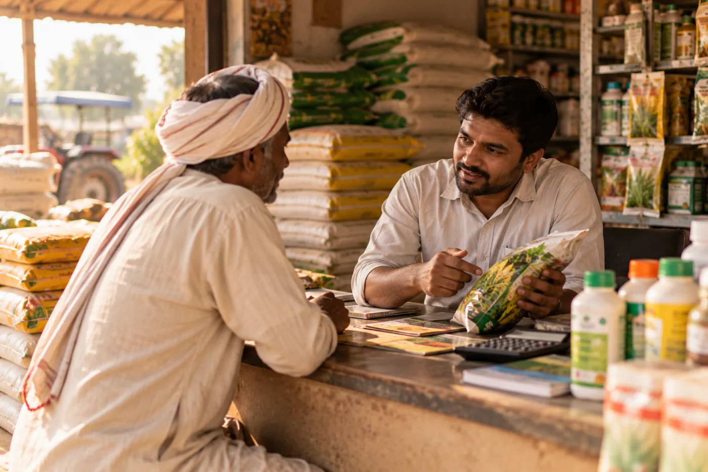 A rep discussing a seed packet with a farmer at a rural agri dealer