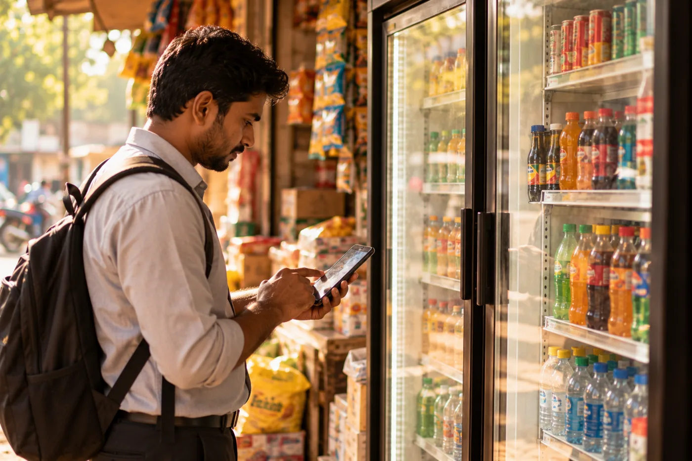 A rep checking orders on his phone beside a beverage cooler in an Indian shop