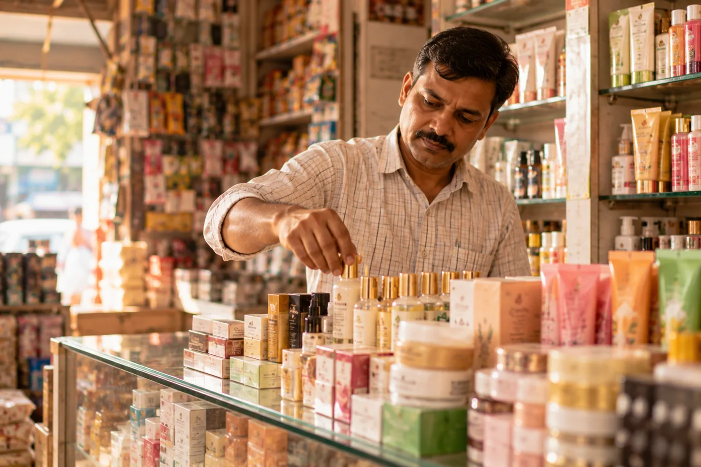A cosmetics shopkeeper arranging products on a glass counter