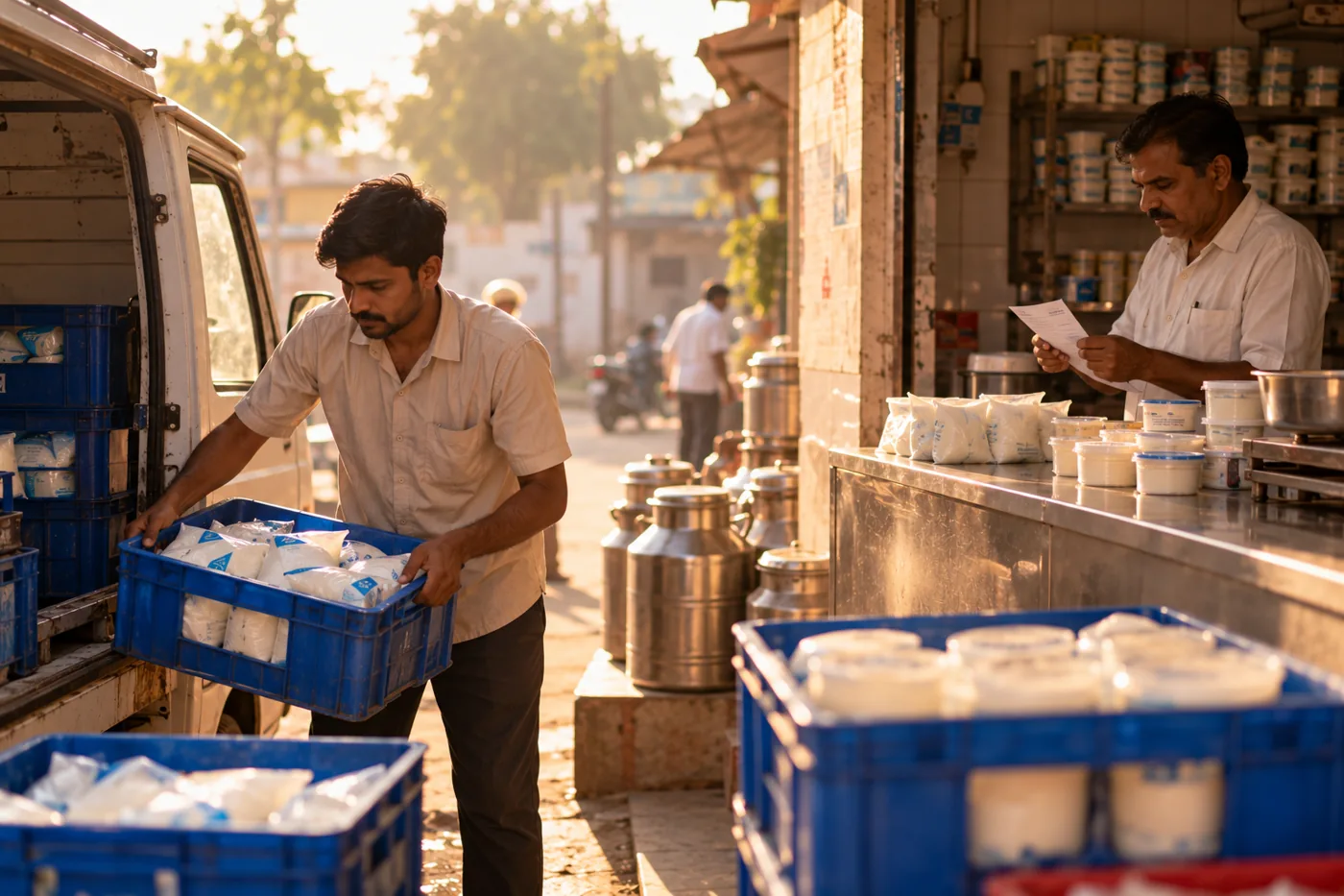 A delivery worker unloading milk crates at a neighbourhood dairy while the owner checks the delivery slip