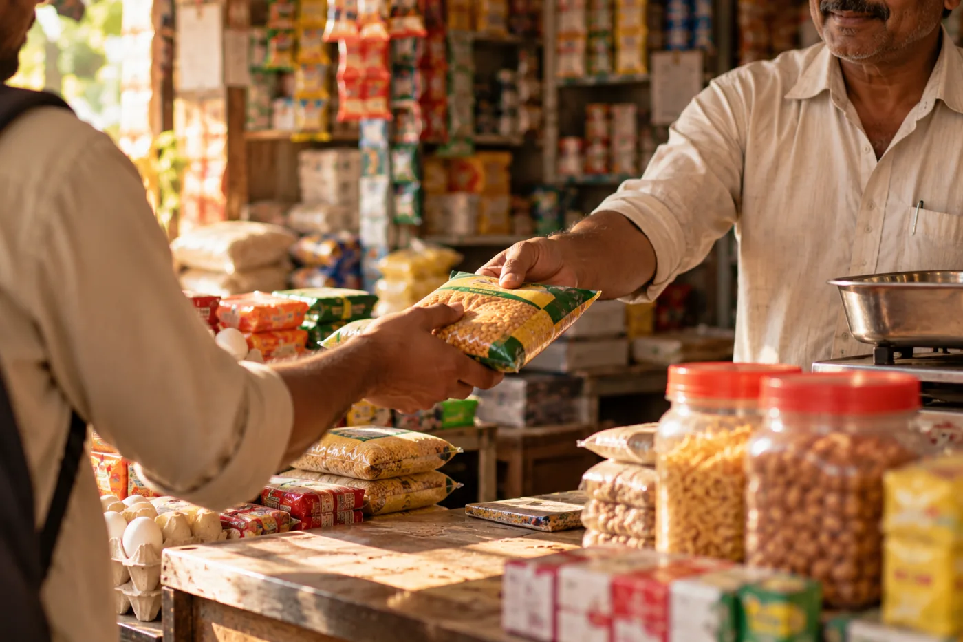 A rep handing over an order at a busy Indian kirana store counter