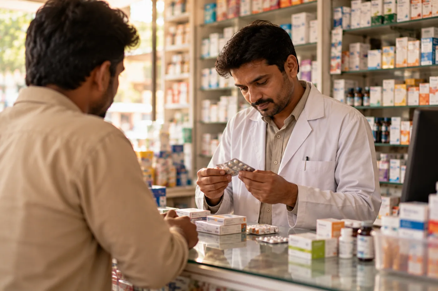 A pharmacist checking medicine stock at an Indian chemist counter