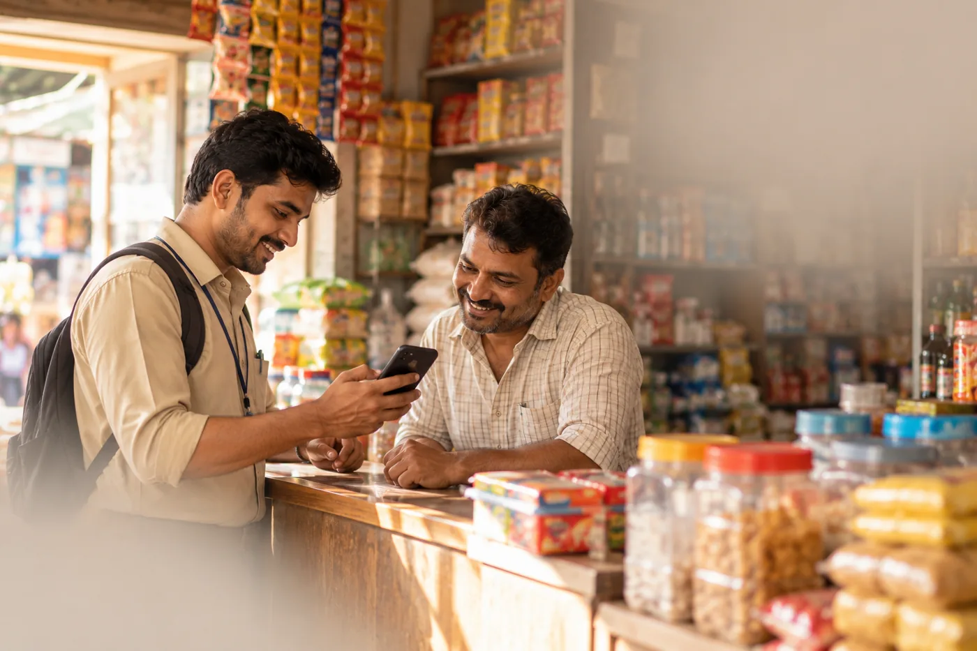 A Japaate field rep showing an order on his phone to a smiling kirana store owner